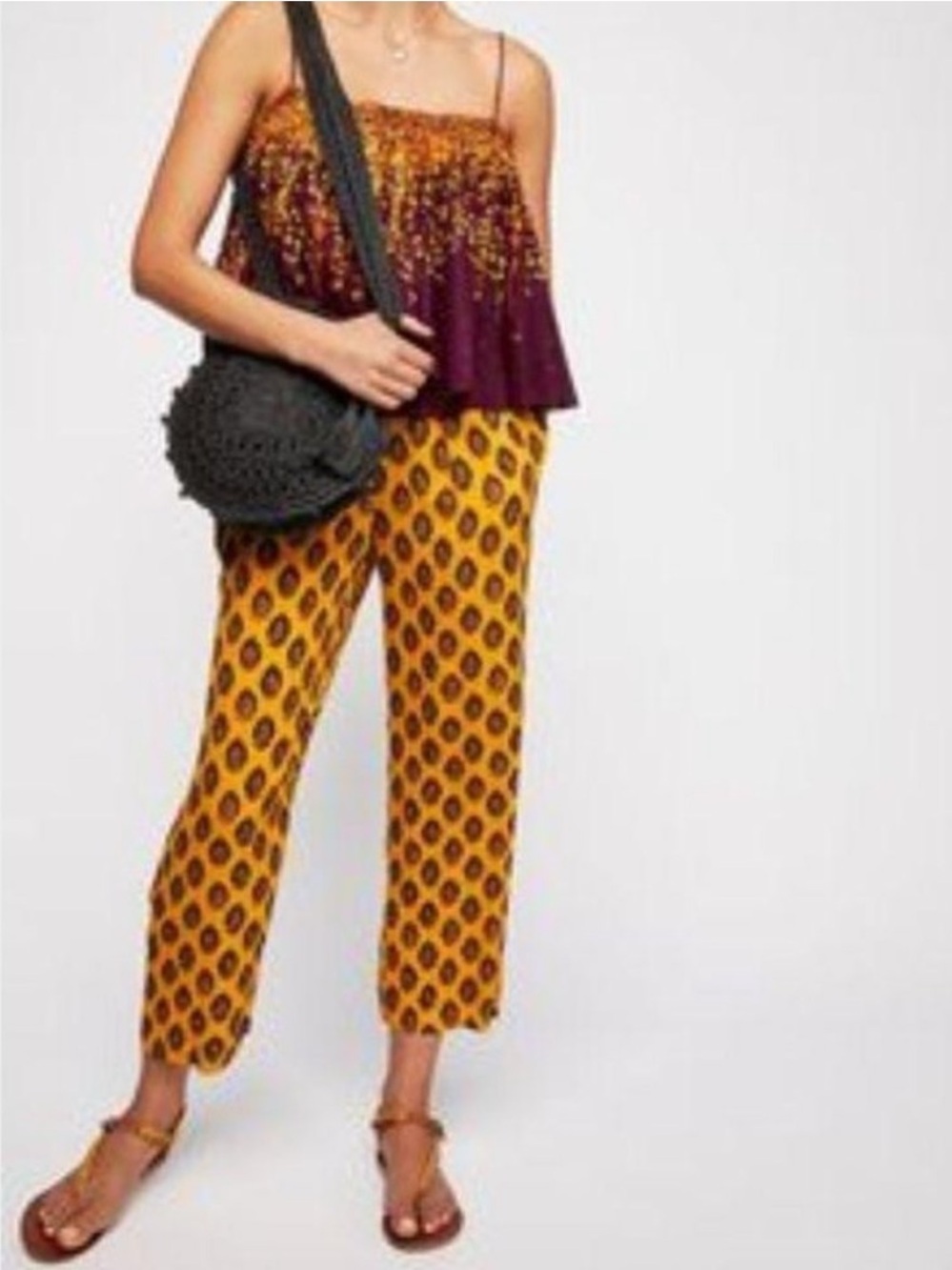 Free People Golden Yellow Medallion Paisley Print Straight Leg Trousers Size 6